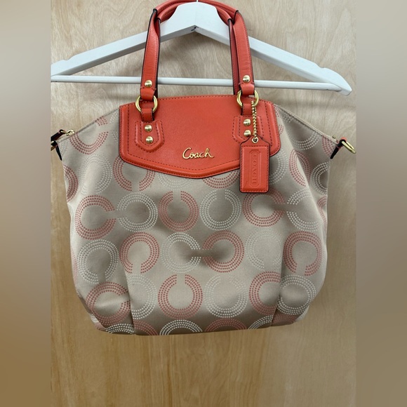 Coach Ashley Peach Khaki Dotted Op Art Signature Satchel. - Picture 8 of 16